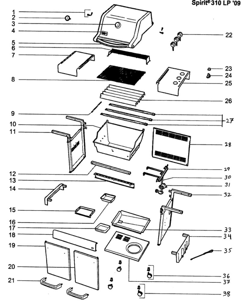 Cabinet Assembly Diagram and Parts List for S-310 (LP)(2009) Weber Grill