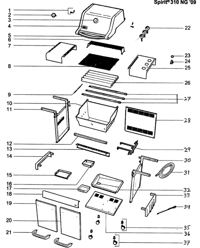 Cabinet Assembly Diagram and Parts List for SPIRIT 310 (NG)(2009) Weber Grill