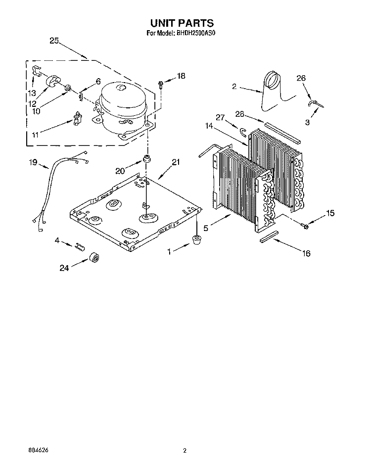 UNIT Diagram and Parts List for BHDH2500AS0  Whirlpool Dehumidifier