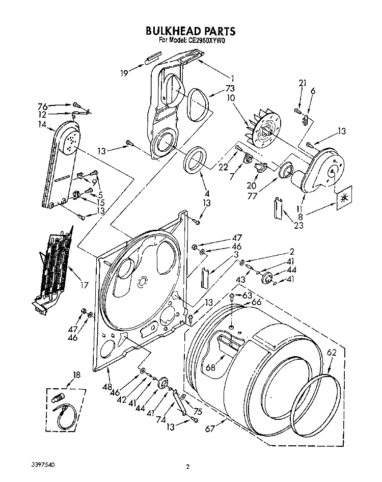 BULKHEAD Diagram and Parts List for CE2950XYN0  Whirlpool Dryer