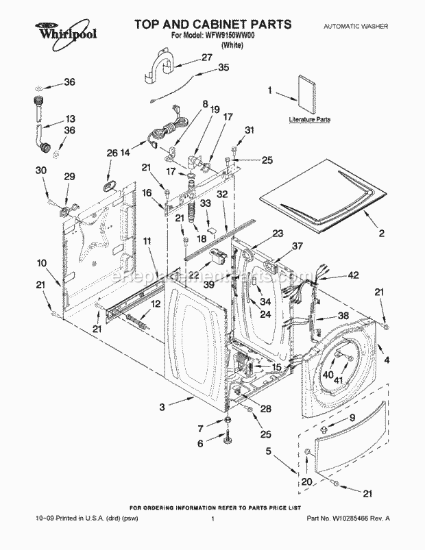 TOP AND CABINET PARTS Diagram and Parts List for WFW9150WW00  Whirlpool Washer