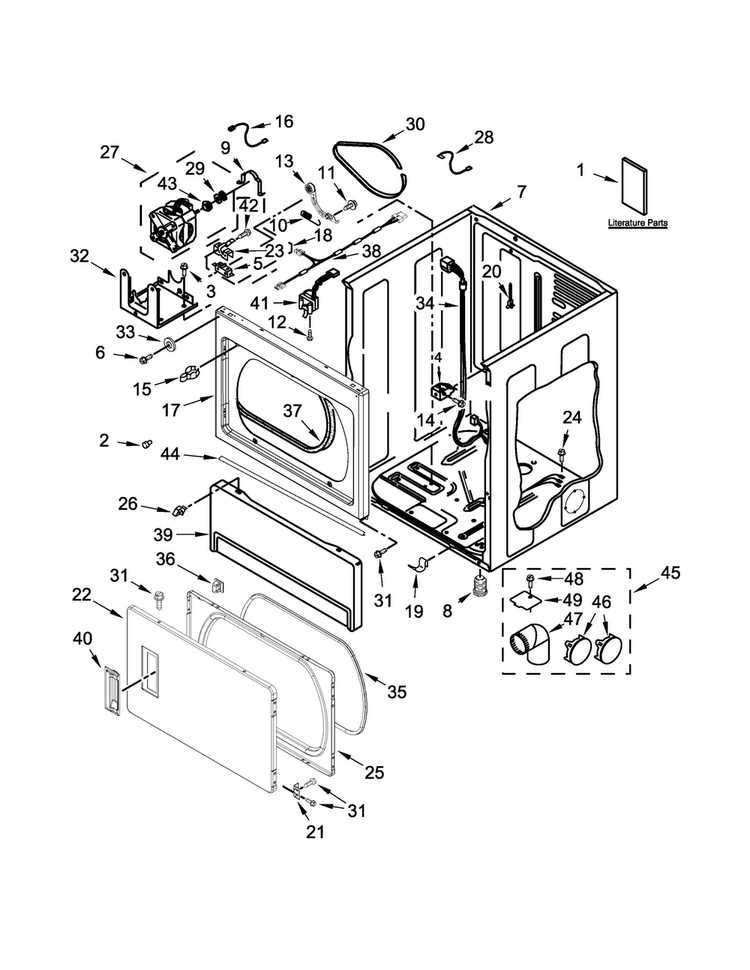 Lower Cabinet And Front Panel Parts Diagram and Parts List for CSP2860TQ1  Whirlpool Dryer