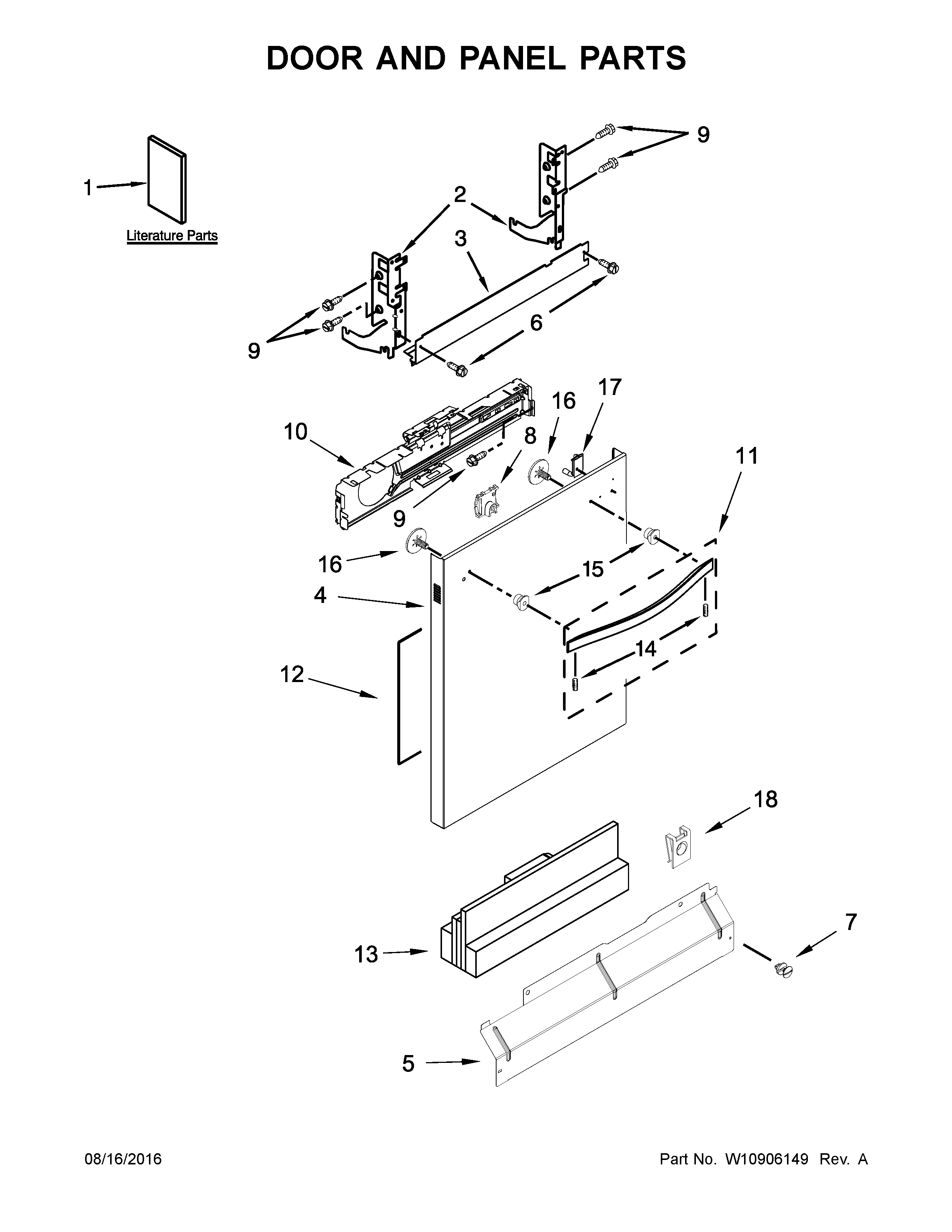 Door And Panel Parts Diagram and Parts List for 66514569N610  Kenmore Dishwasher