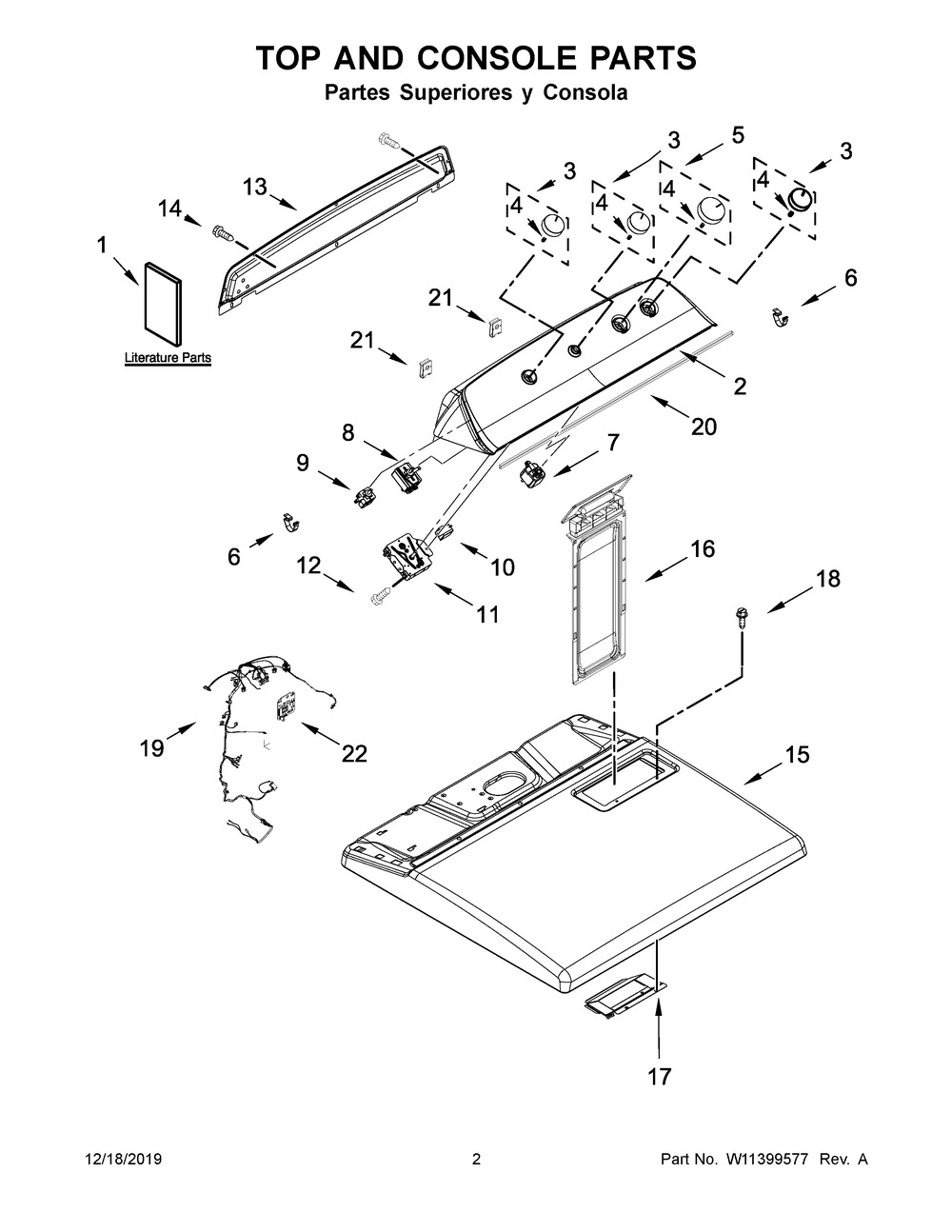 Top And Console Parts Diagram and Parts List for 7MWED2040JM0  Whirlpool Dryer