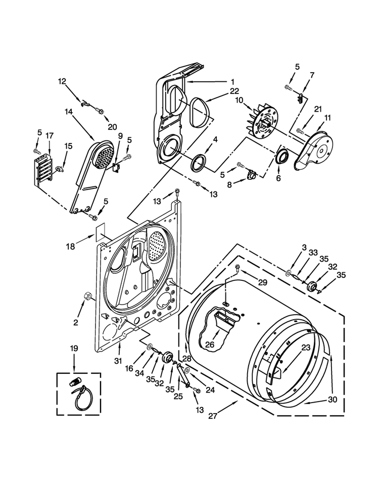 Bulkhead Parts Diagram and Parts List for YIED4671EW1  Inglis Dryer