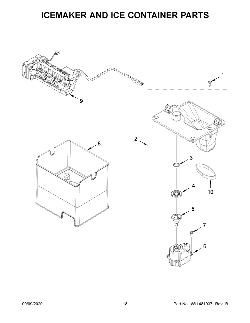 Icemaker And Ice Container Parts Diagram and Parts List for KRMF706EBS04  Whirlpool Refrigerator