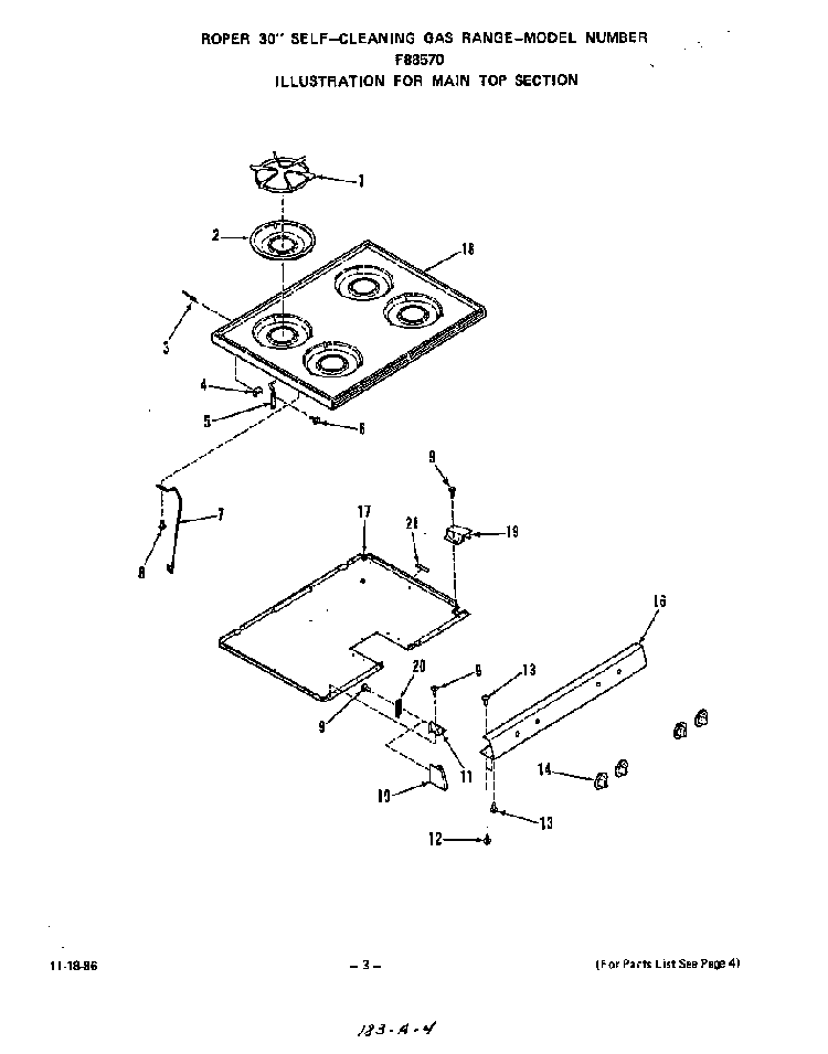 Main Top Diagram and Parts List for F8857*0  Roper Range