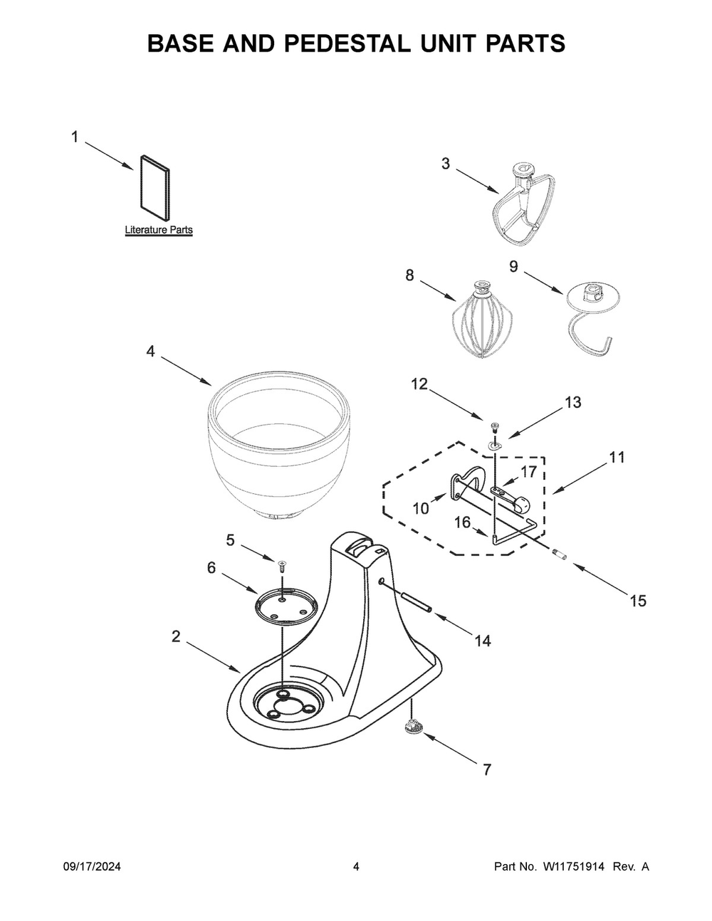 03 - Base And Pedestal Unit Parts Diagram and Parts List for KSM180WSEG5  Whirlpool Mixer