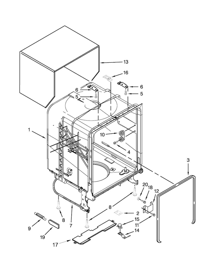 Tub And Frame Parts Diagram and Parts List for WDF530PAYT7  Whirlpool Dishwasher