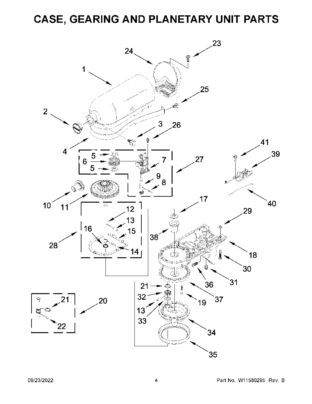 Case, Gearing And Planetary Unit Parts Diagram and Parts List for 5K45SSWWH0  KitchenAid Mixer