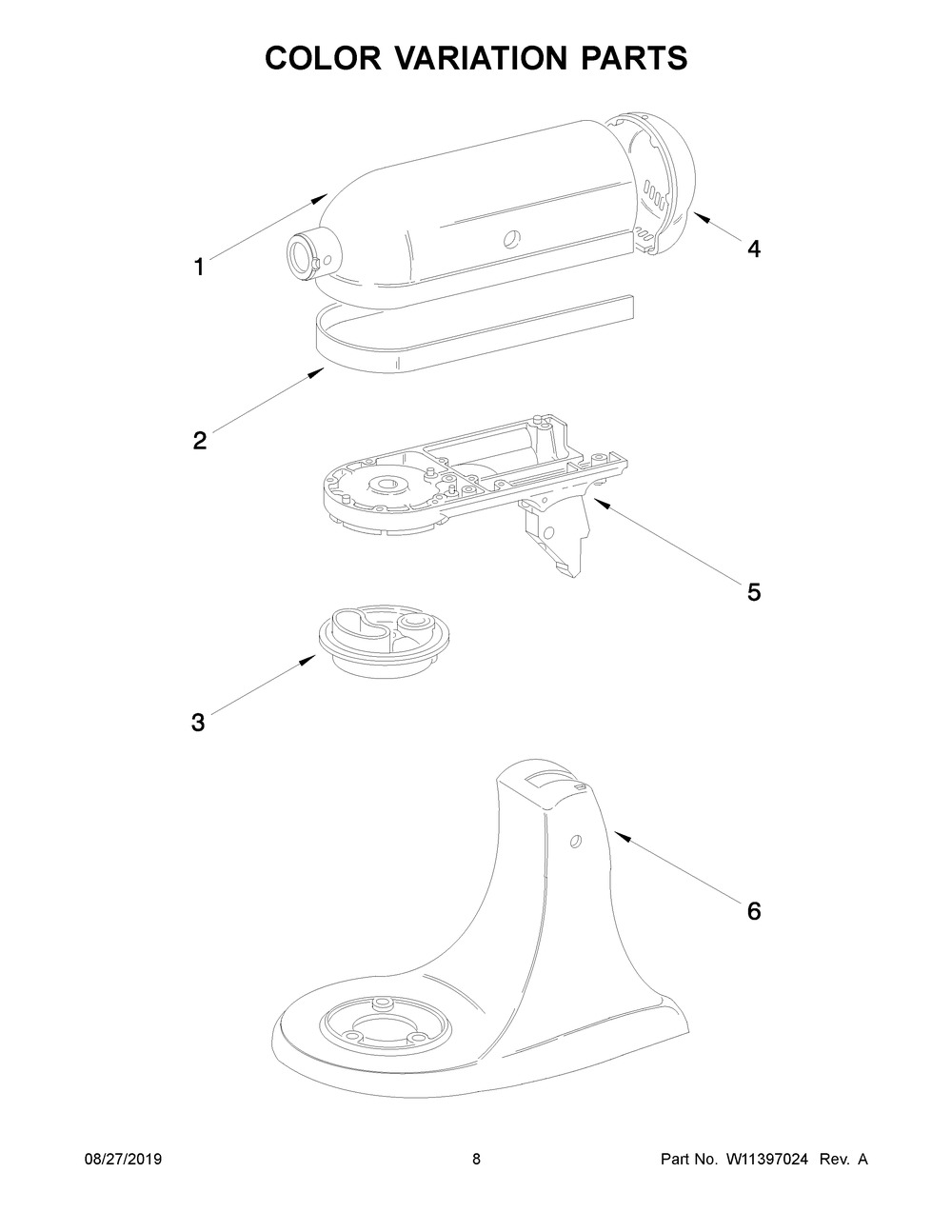 Color Variation Parts Diagram and Parts List for 5K45SSROB0  Whirlpool Mixer