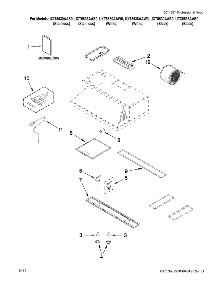 Hood Parts Diagram and Parts List for UXT5536AAB0  Whirlpool Range Hood