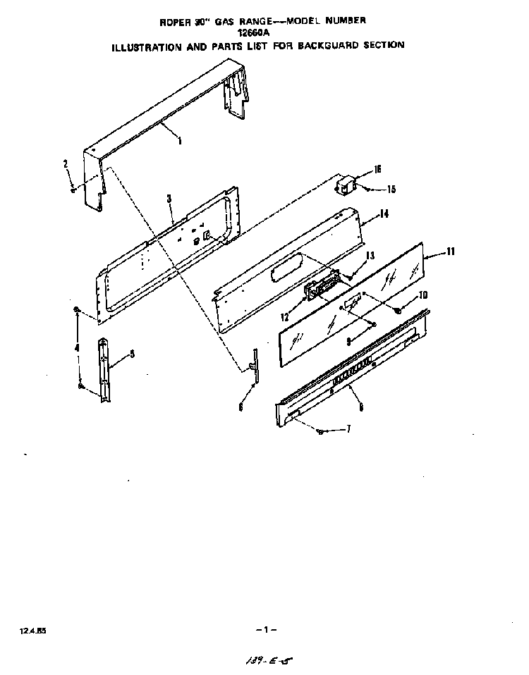 Backguard Diagram and Parts List for 1266*0A  Roper Range
