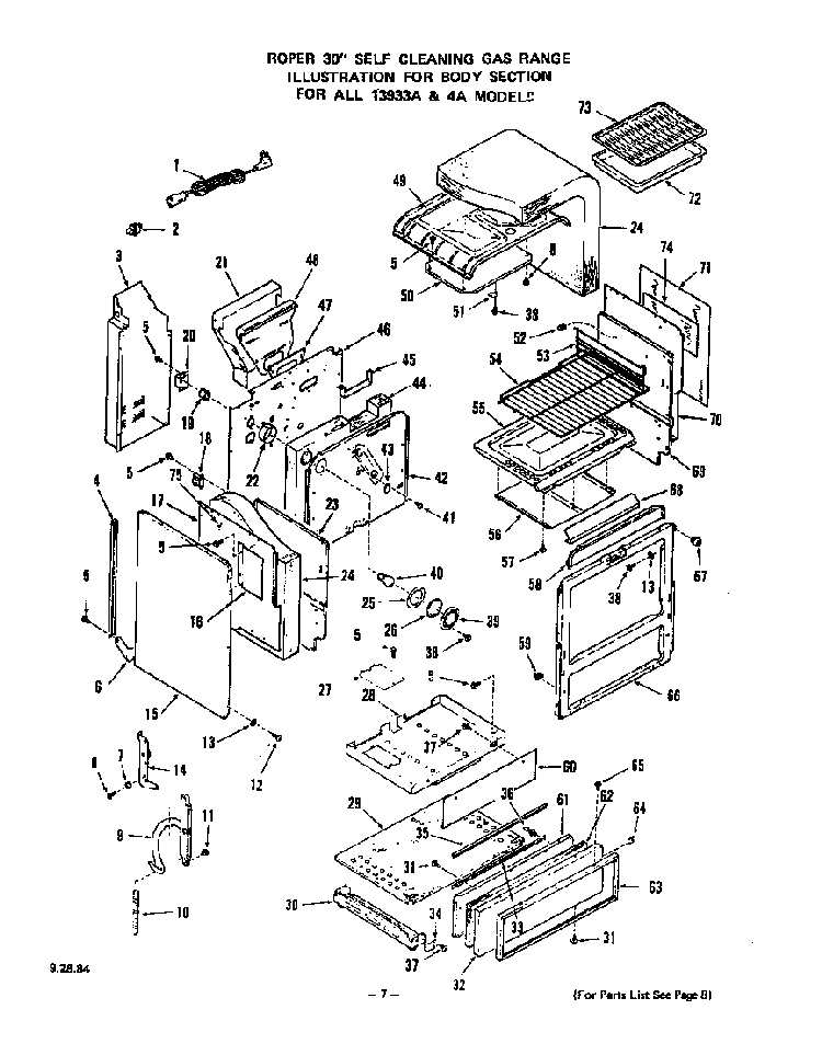 Body Diagram and Parts List for 1393*3A  Roper Range