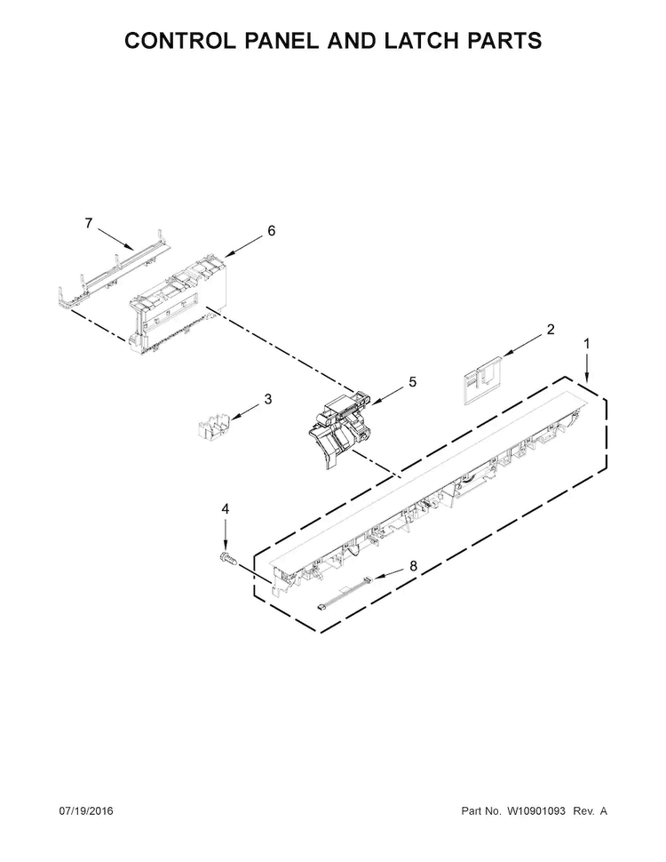 Control Panel And Latch Parts Diagram and Parts List for KDTE204EBL2  KitchenAid Dishwasher