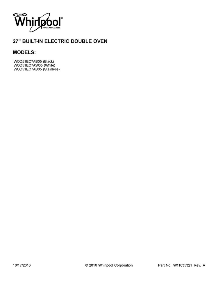 Cover Sheet Diagram and Parts List for WOD51EC7AW05  Whirlpool Wall Oven