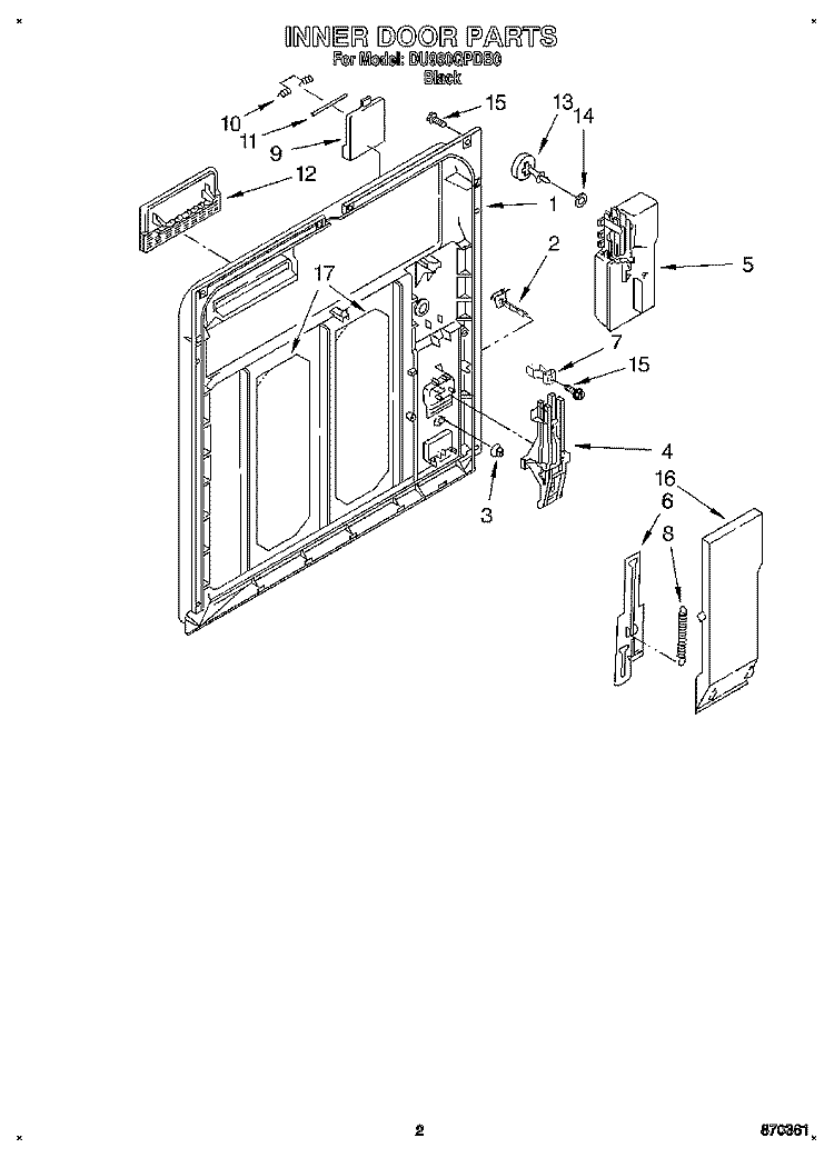 INNER DOOR Diagram and Parts List for DU960QPDB0  Whirlpool Dishwasher