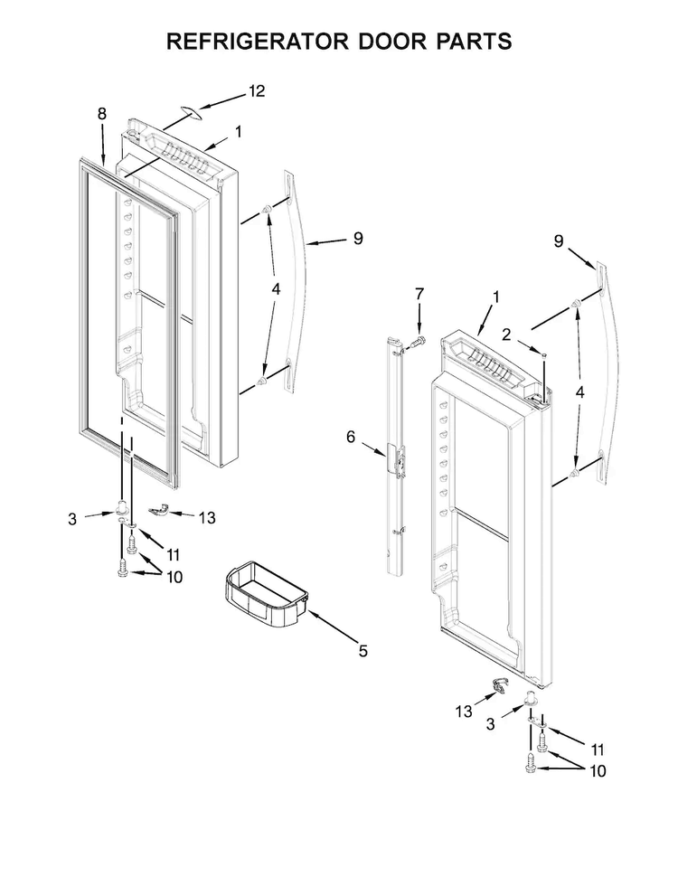 Refrigerator Door Parts Diagram and Parts List for WRF535SWBW00  Whirlpool Refrigerator
