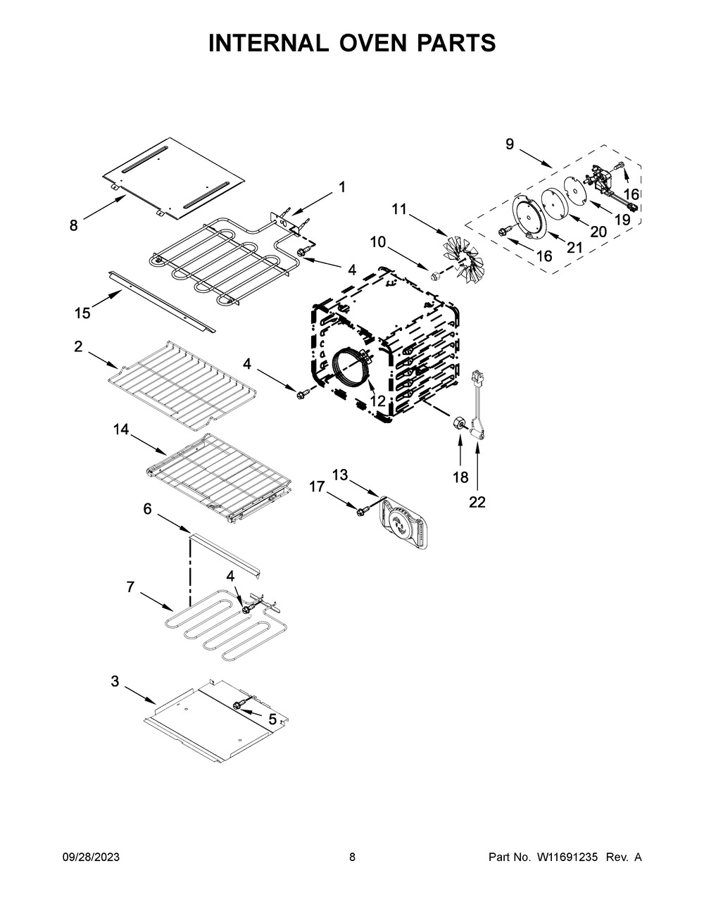 Internal Oven Parts Diagram and Parts List for KOCE500ESS23  KitchenAid Microwave Oven Combo