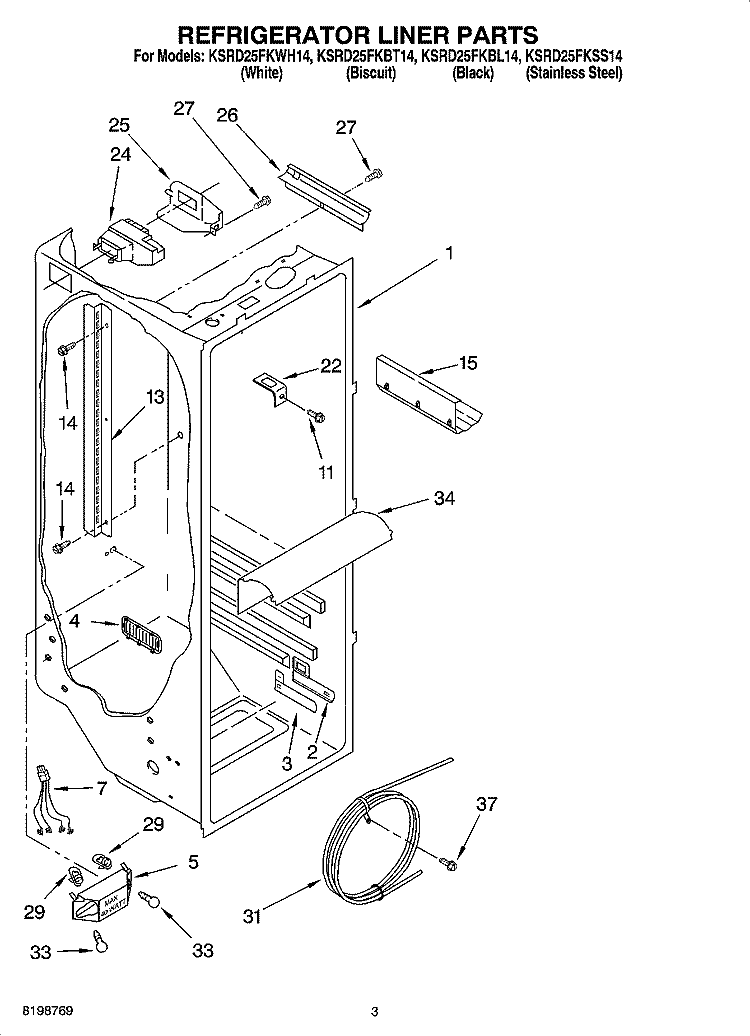 REFRIGERATOR LINER PARTS Diagram and Parts List for KSRD25FKBL14  KitchenAid Refrigerator