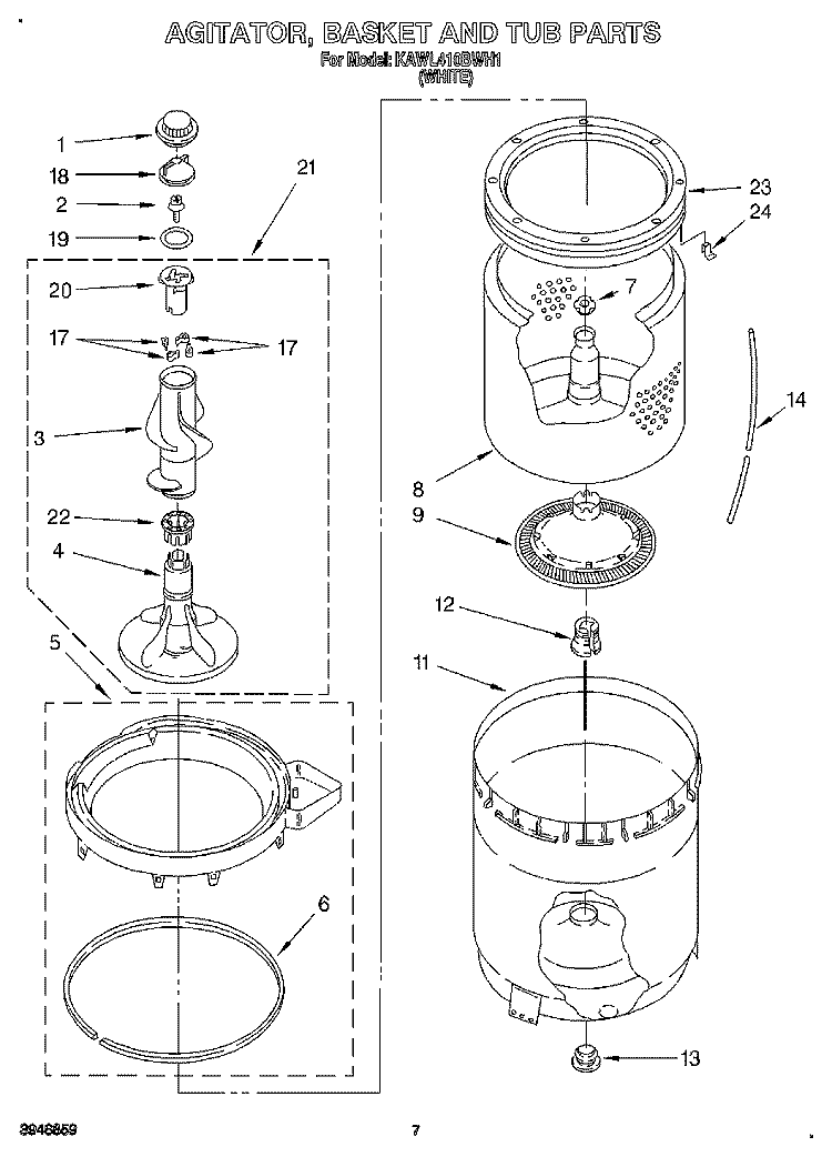 AGITATOR, BASKET AND TUB Diagram and Parts List for KAWL410BWH1  KitchenAid Washer