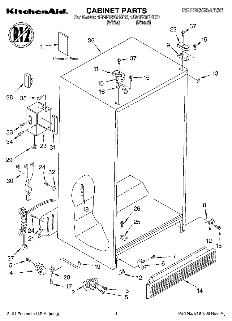 CABINET, LITERATURE Diagram and Parts List for 4KSRS25CHT00  KitchenAid Refrigerator