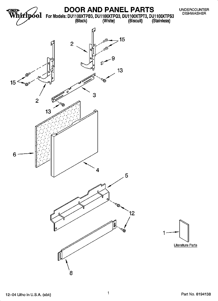 DOOR AND PANEL PARTS Diagram and Parts List for DU1100XTPB3  Whirlpool Dishwasher