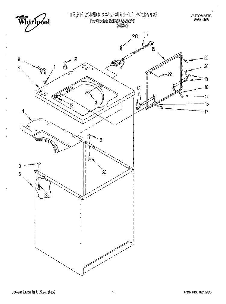 TOP AND CABINET Diagram and Parts List for 3MAS1432GW0  Whirlpool Washer