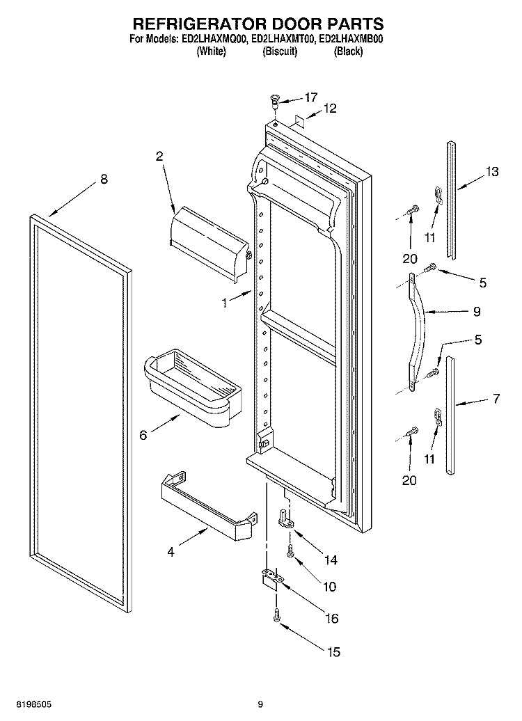 REFRIGERATOR DOOR PARTS Diagram and Parts List for ED2LHAXMT00  Whirlpool Refrigerator