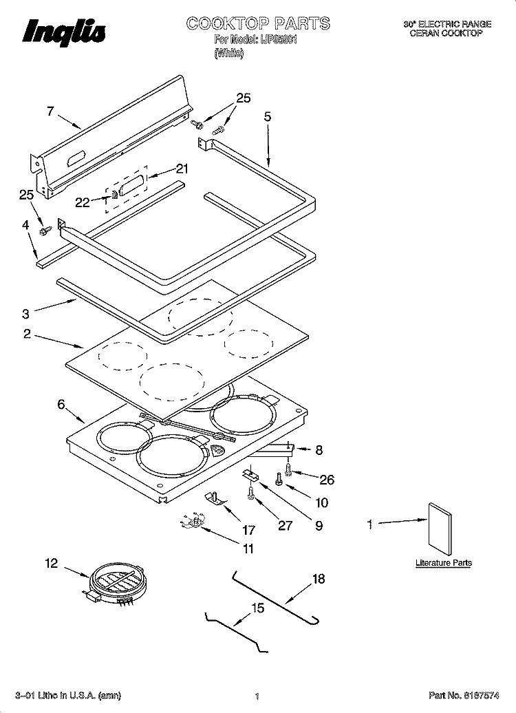 COOKTOP PARTS Diagram and Parts List for IJP85801  Inglis Range