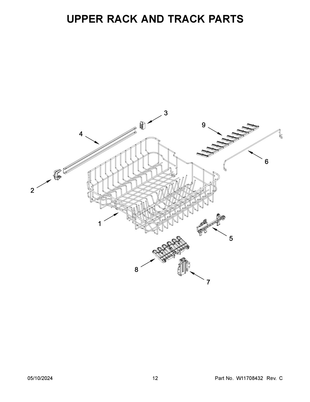 Upper Rack And Track Parts Diagram and Parts List for WDT550SAPW0  Whirlpool Dishwasher