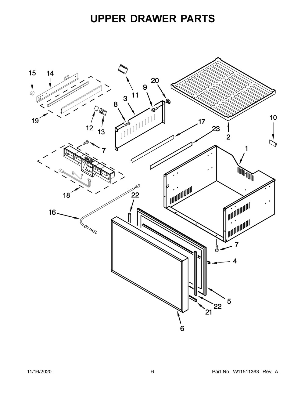 Upper Drawer Parts Diagram and Parts List for KUDF204EPA01  Whirlpool Wine and Beverage Cooler