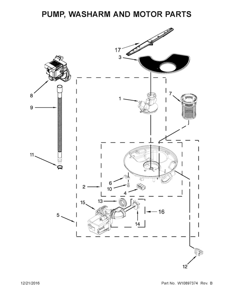 Pump, Washarm And Motor Parts Diagram and Parts List for WDF520PADM7  Whirlpool Dishwasher