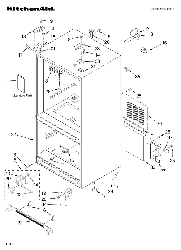 Cabinet Parts Diagram and Parts List for KBFS25ETBL11  KitchenAid Refrigerator