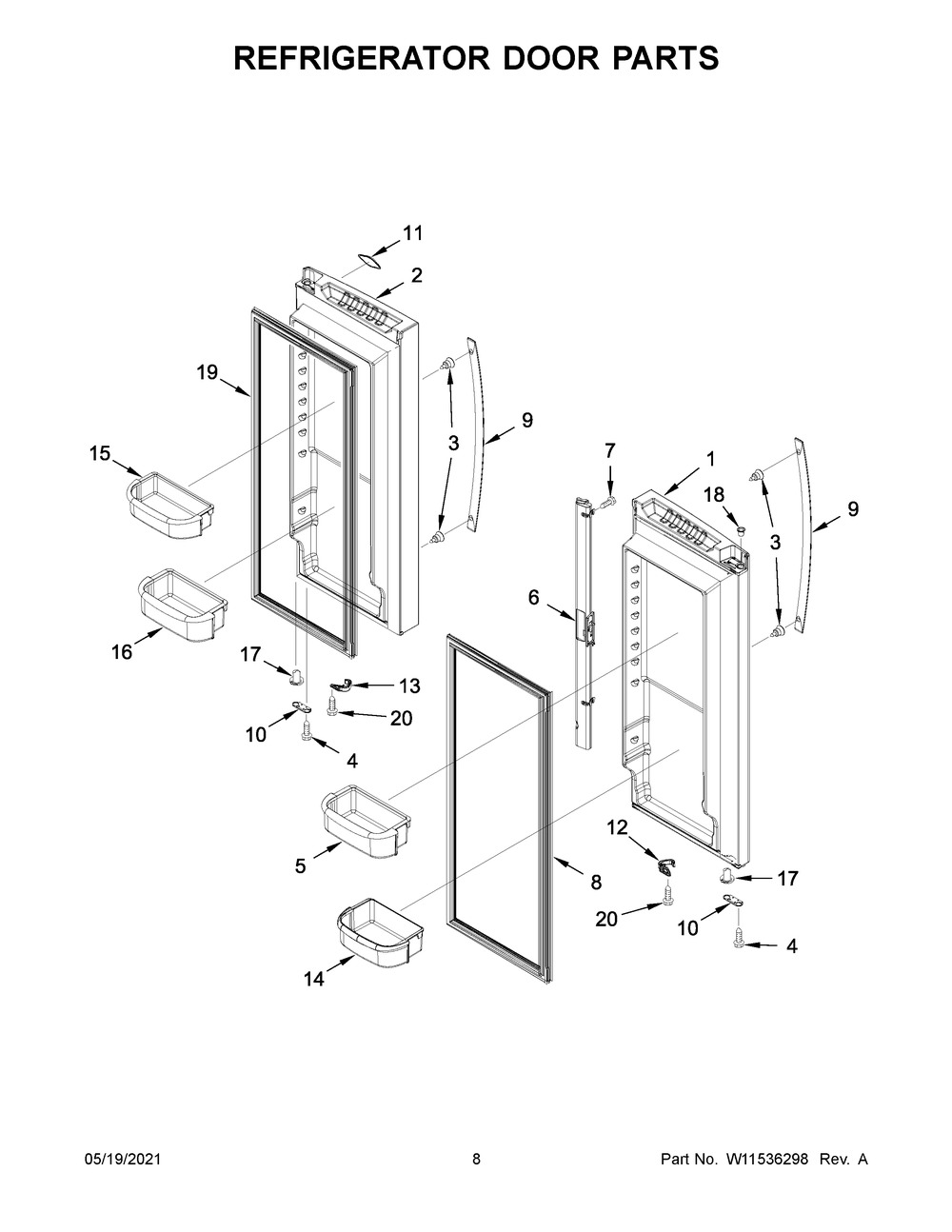 Refrigerator Door Parts Diagram and Parts List for WRF532SNHW03  Whirlpool Refrigerator
