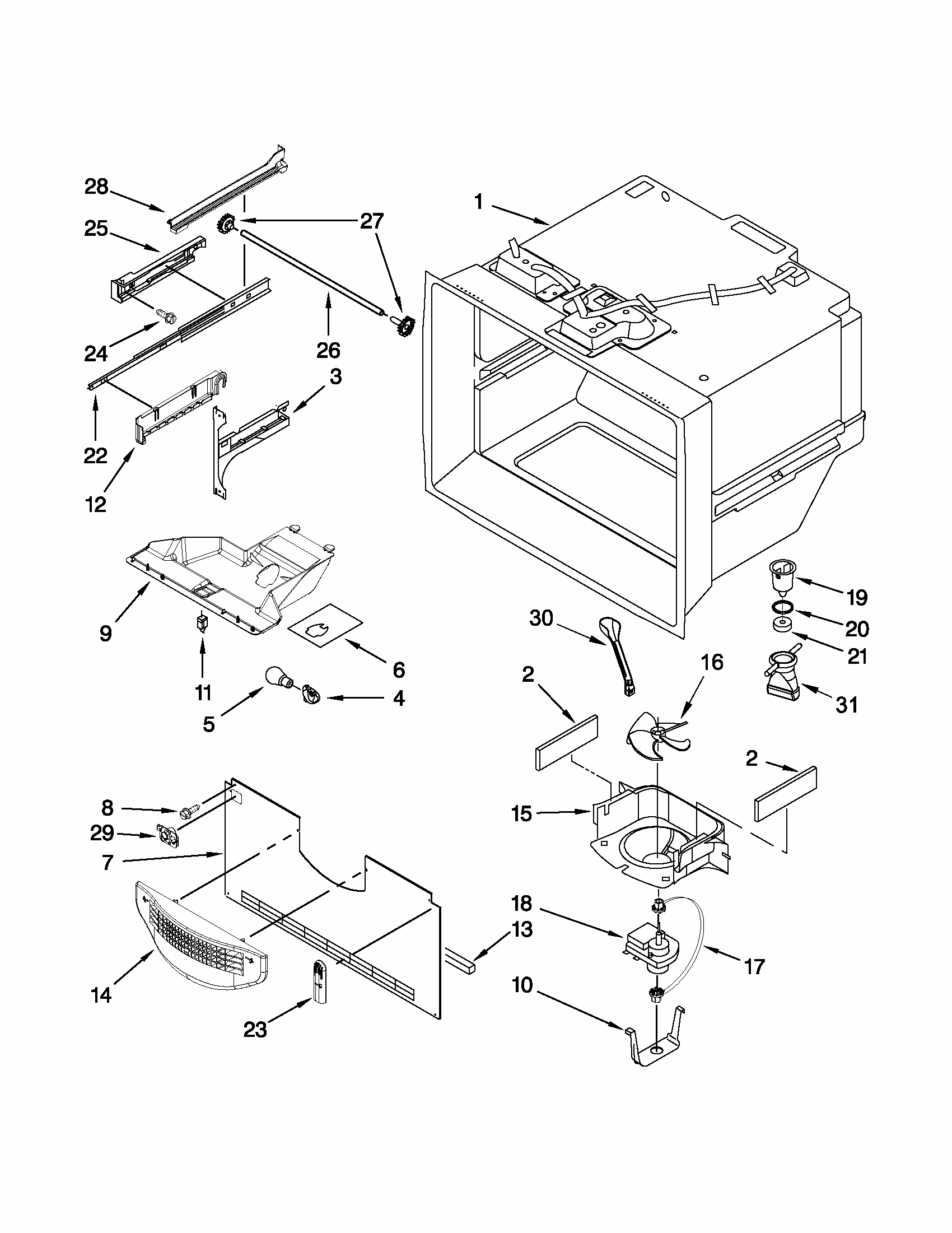 Freezer Liner Parts Diagram and Parts List for 59669983013  Kenmore Refrigerator