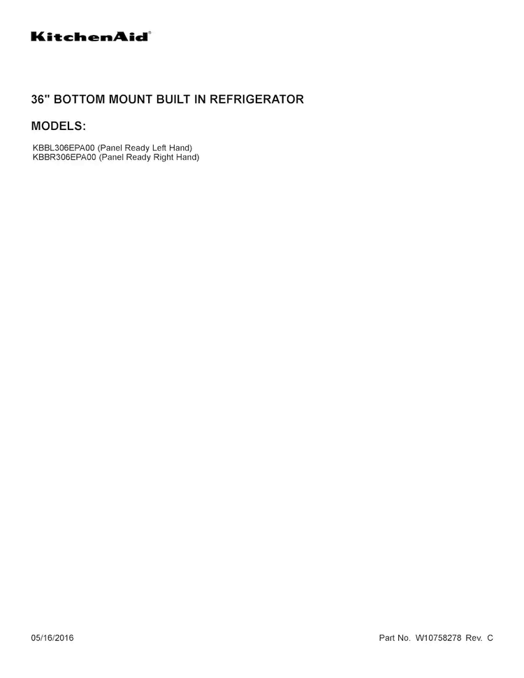 Cover Sheet Diagram and Parts List for KBBR306EPA00  KitchenAid Refrigerator
