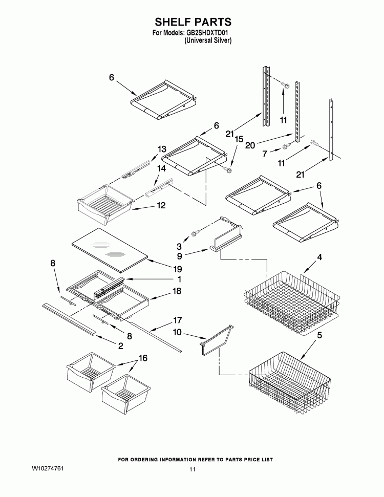 SHELF PARTS Diagram and Parts List for GB2SHDXTD01  Whirlpool Refrigerator