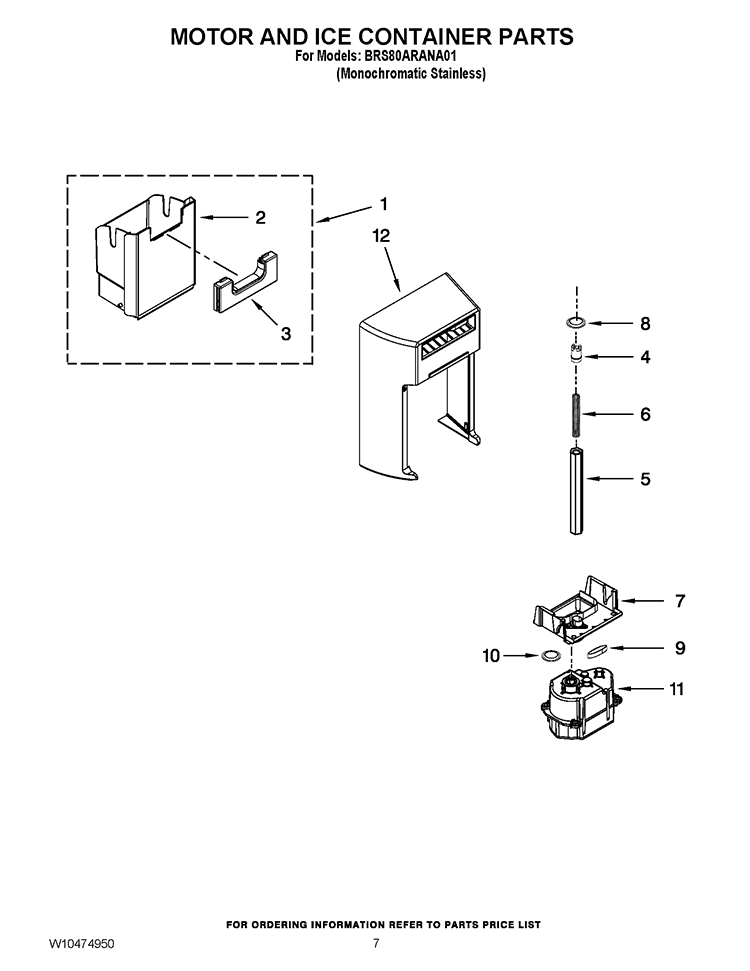 MOTOR AND ICE CONTAINER PARTS Diagram and Parts List for BRS80ARANA01  Whirlpool Refrigerator