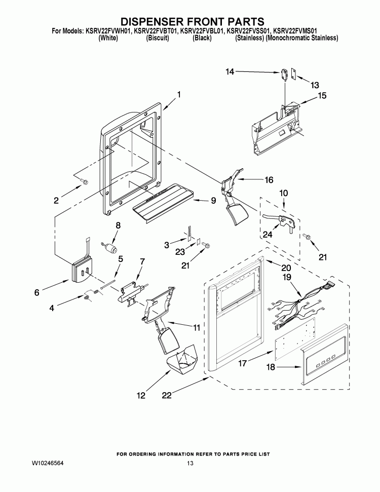 DISPENSER FRONT PARTS Diagram and Parts List for KSRV22FVSS01  KitchenAid Refrigerator