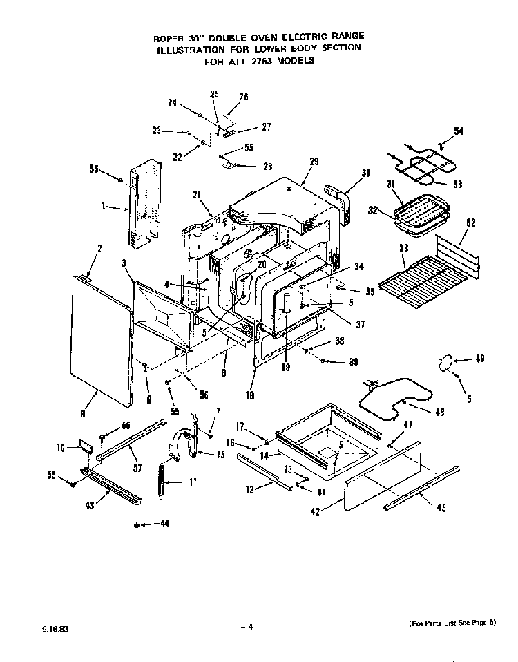 Lower Body Diagram and Parts List for 2763*0A  Roper Range