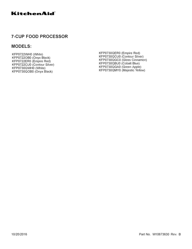 Cover Sheet Diagram and Parts List for KFP0730QGC0  KitchenAid Food Processor