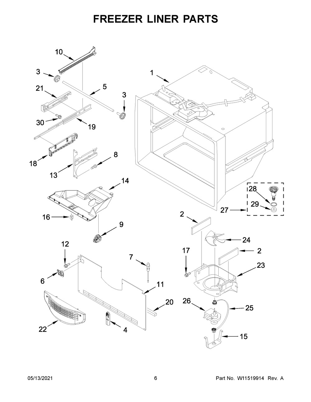 Freezer Liner Parts Diagram and Parts List for KRBR102ESS03  Whirlpool Refrigerator