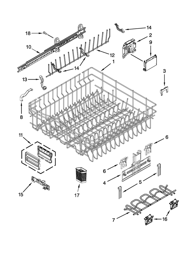 Upper Rack And Track Parts Diagram and Parts List for KUDE70FXPA6  KitchenAid Dishwasher