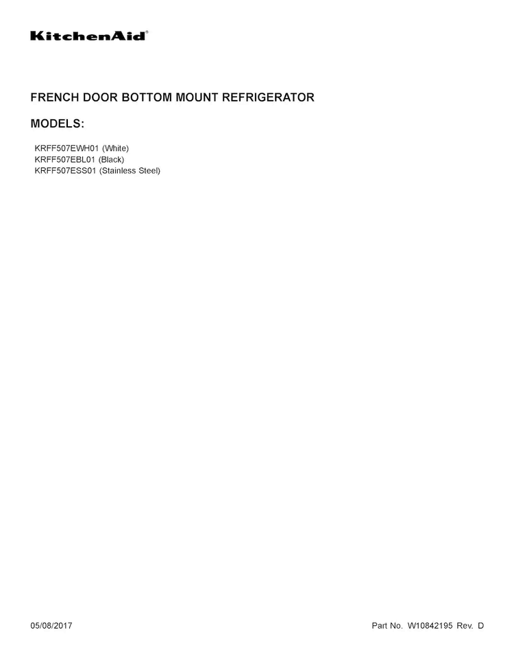 Cover Sheet Diagram and Parts List for KRFF507EWH01  KitchenAid Refrigerator