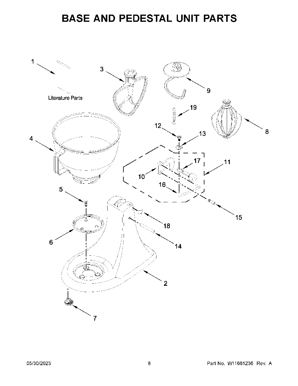 Base And Pedestal Unit Parts Diagram and Parts List for 5K45SSSSWH0  KitchenAid Mixer
