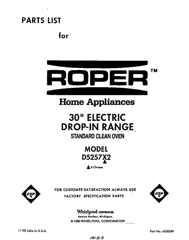 Front Cover Diagram and Parts List for D5257*2  Roper Range