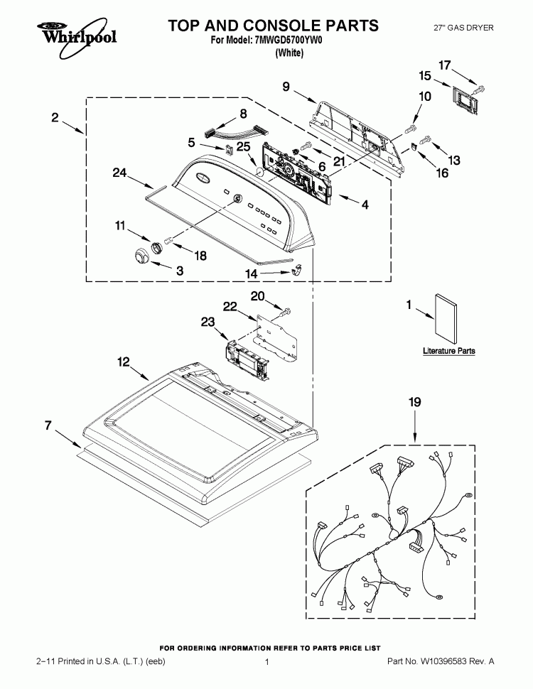TOP AND CONSOLE PARTS Diagram and Parts List for 7MWGD5700YW0  Whirlpool Dryer