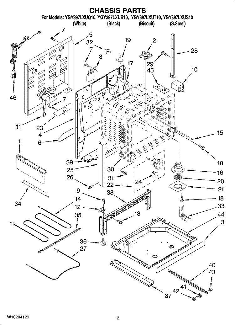 CHASSIS PARTS Diagram and Parts List for YGY397LXUB10  Whirlpool Range