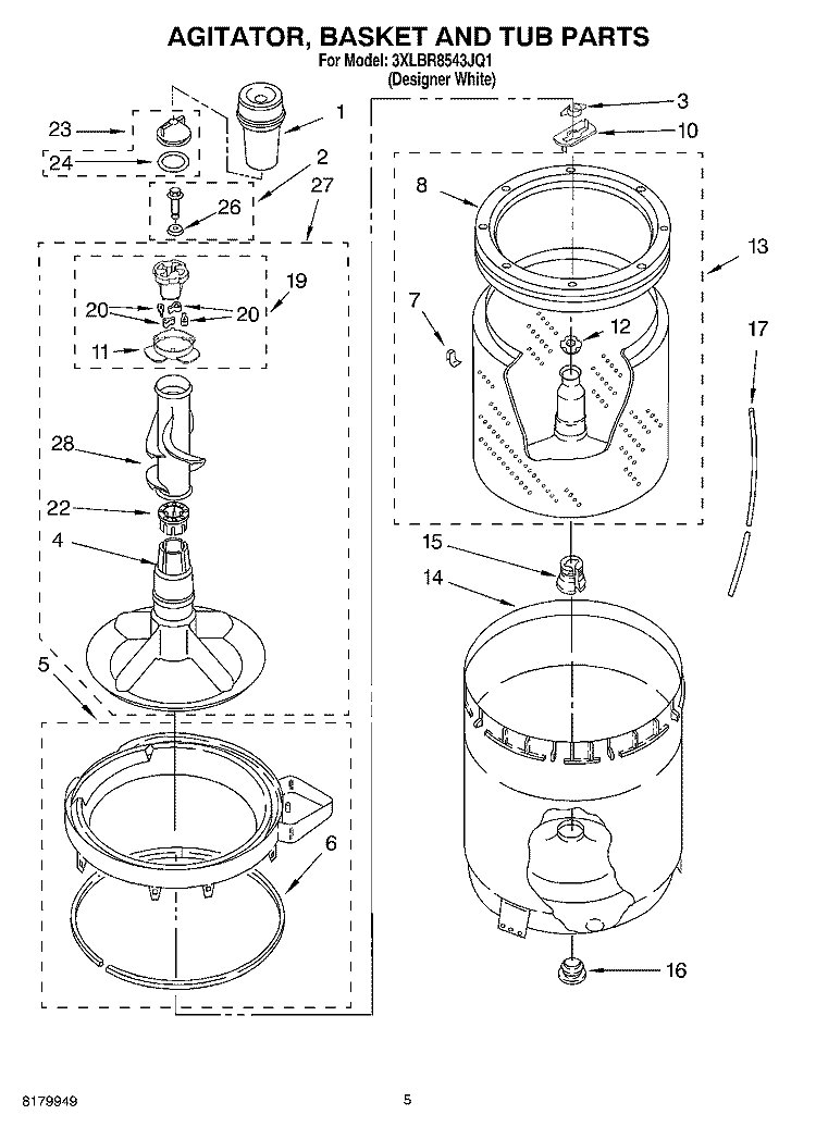 AGITATOR, BASKET AND TUB PARTS Diagram and Parts List for 3XLBR8543JQ1  Whirlpool Washer
